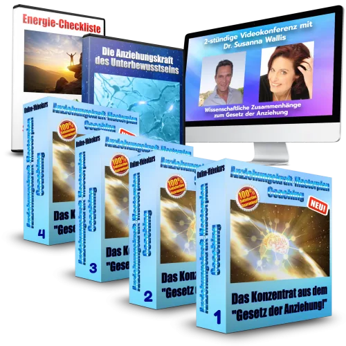 Anziehungskraft Masterplan Produktabbildung mit Boxen, E-Book-Cover, Videokonferenz-Mockup