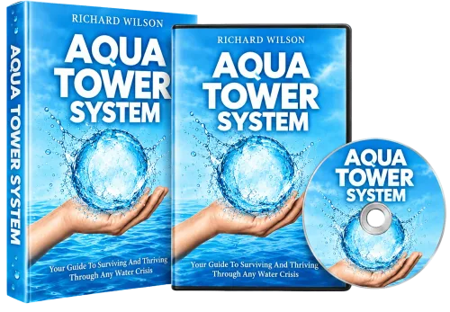 Aqua Tower System Produktmockup mit Buch, Digital-Device und DVD