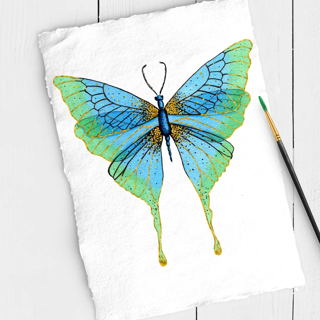 Aquarell-Illustration eines grünen Schmetterlings mit blauen Flügeln und Golddetails