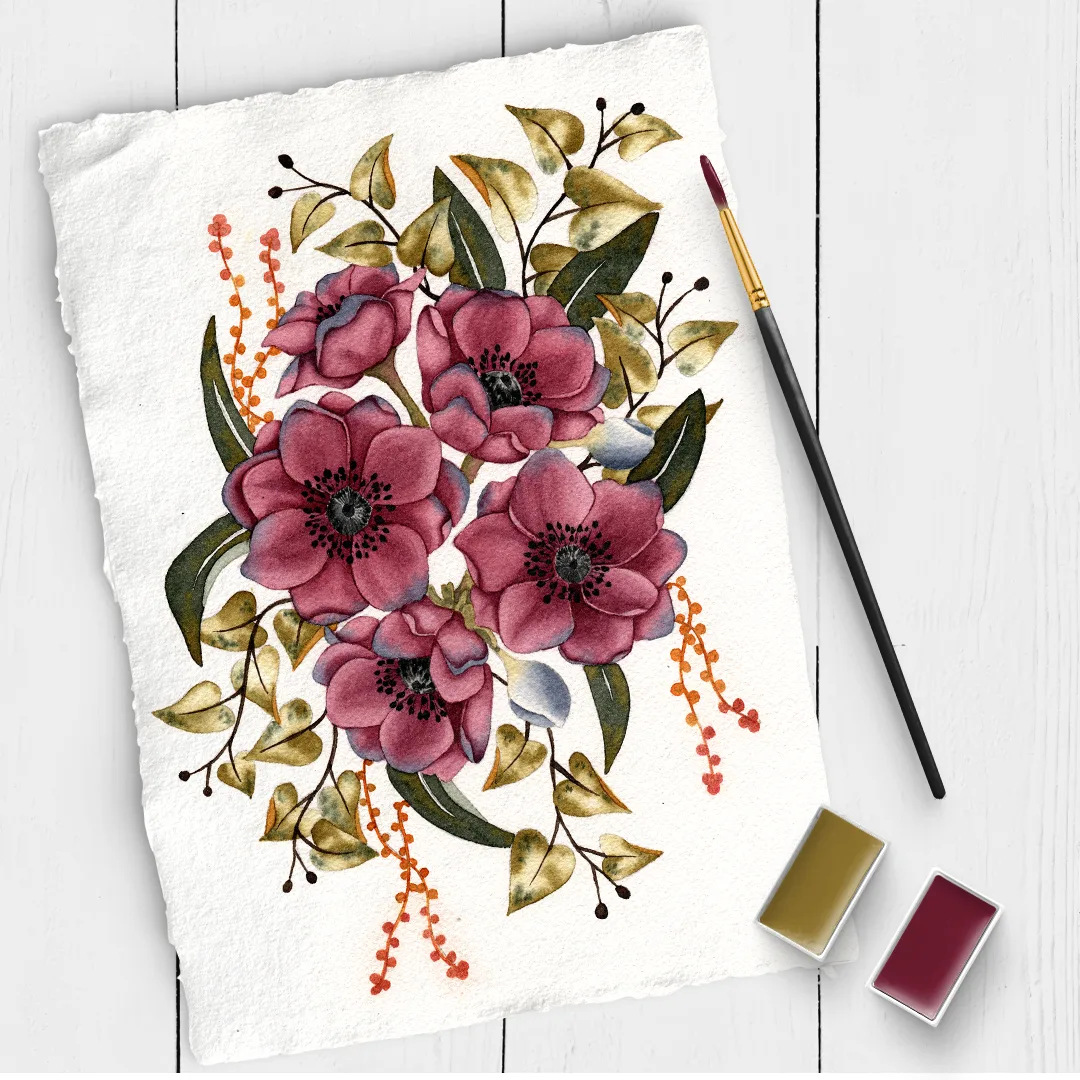 Aquarell-Kunstblatt mit drei roten Anemonen, grünen Blättern und orange-roten Beeren auf Weiß