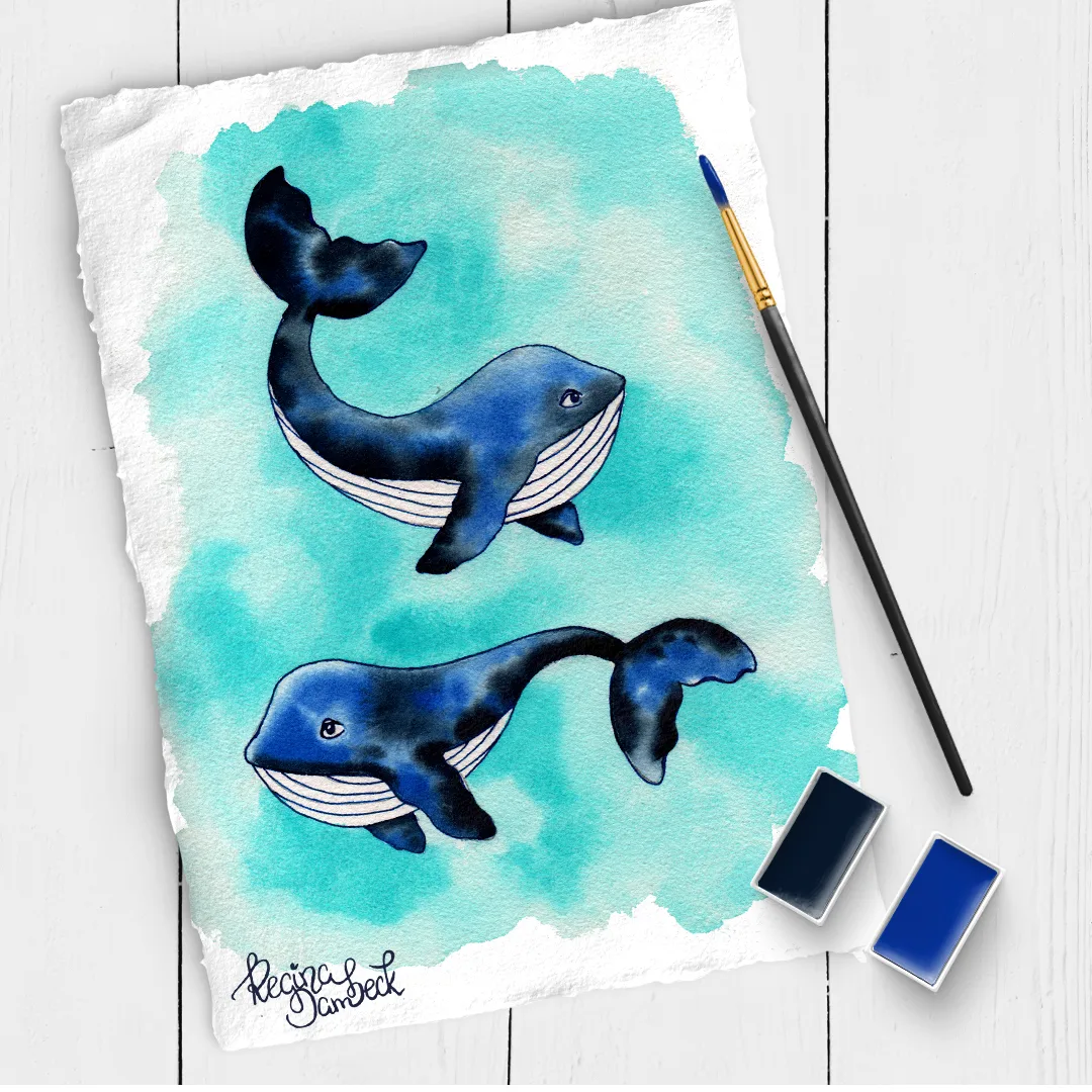 Aquarell zwei Wale in Blau auf Türkis Hintergrund mit weißem Wasser und Signatur
