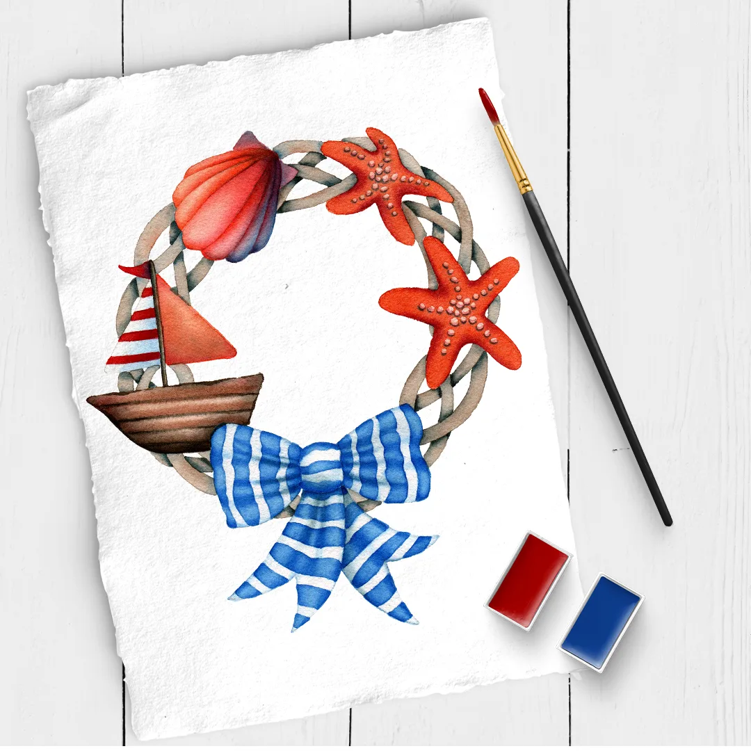 Maritimer Aquarell-Kranz mit Segelboot, Seesternen, Muscheln und gestreifter Schleife