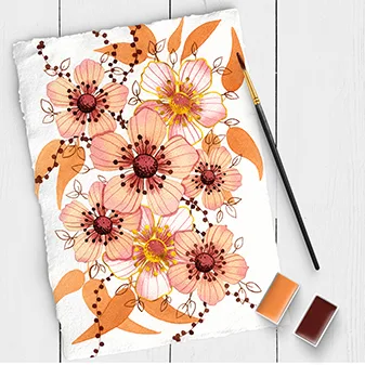 Aquarell-Illustration von Herbstblumen in Orange, Rosa und Rot mit getrockneten Blättern