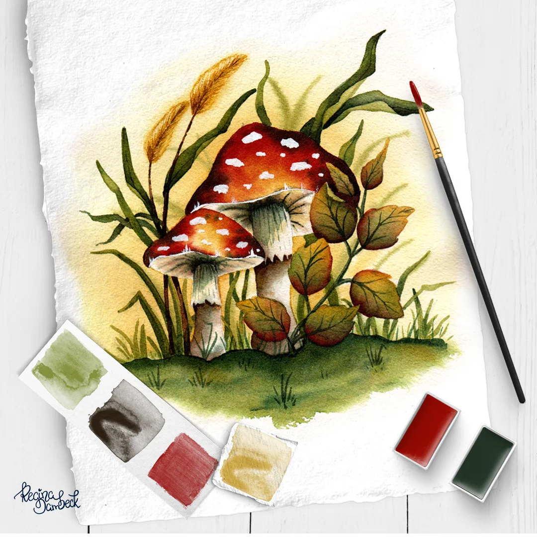 Aquarell-Illustration zweier roter Fliegenpilze mit weißen Punkten im Gras mit Herbstpflanzen