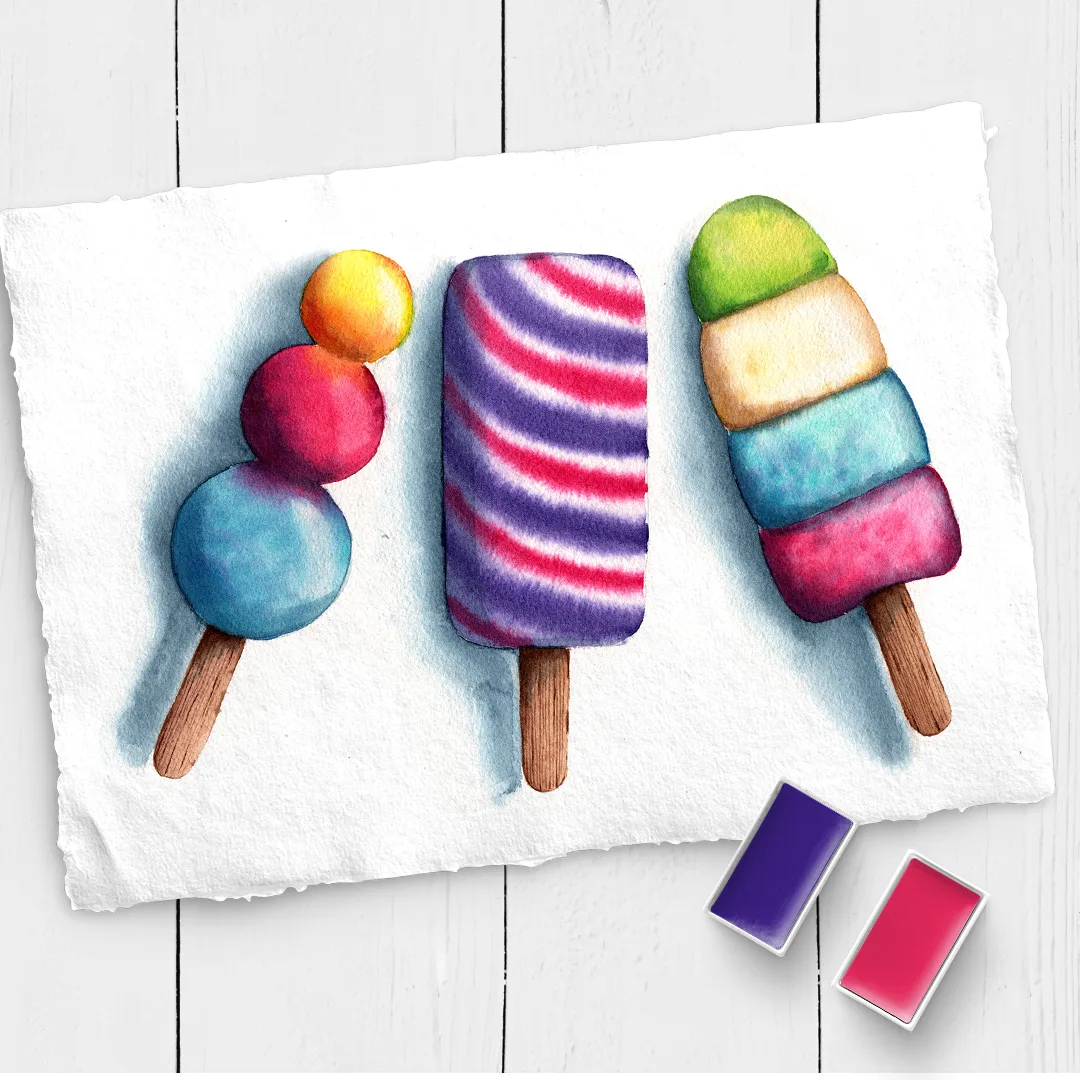 Aquarell-Illustration von drei bunten Eispops mit Lollipop-Form in verschiedenen Farbkombinationen