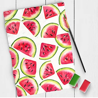 Aquarell-Illustration von Wassermelonenscheiben in Rosa und Grün, mehrfach angeordnet