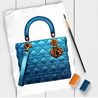 Aquarell-Illustration einer blauen Handtasche mit Quiltmuster und goldenem Zierwerk