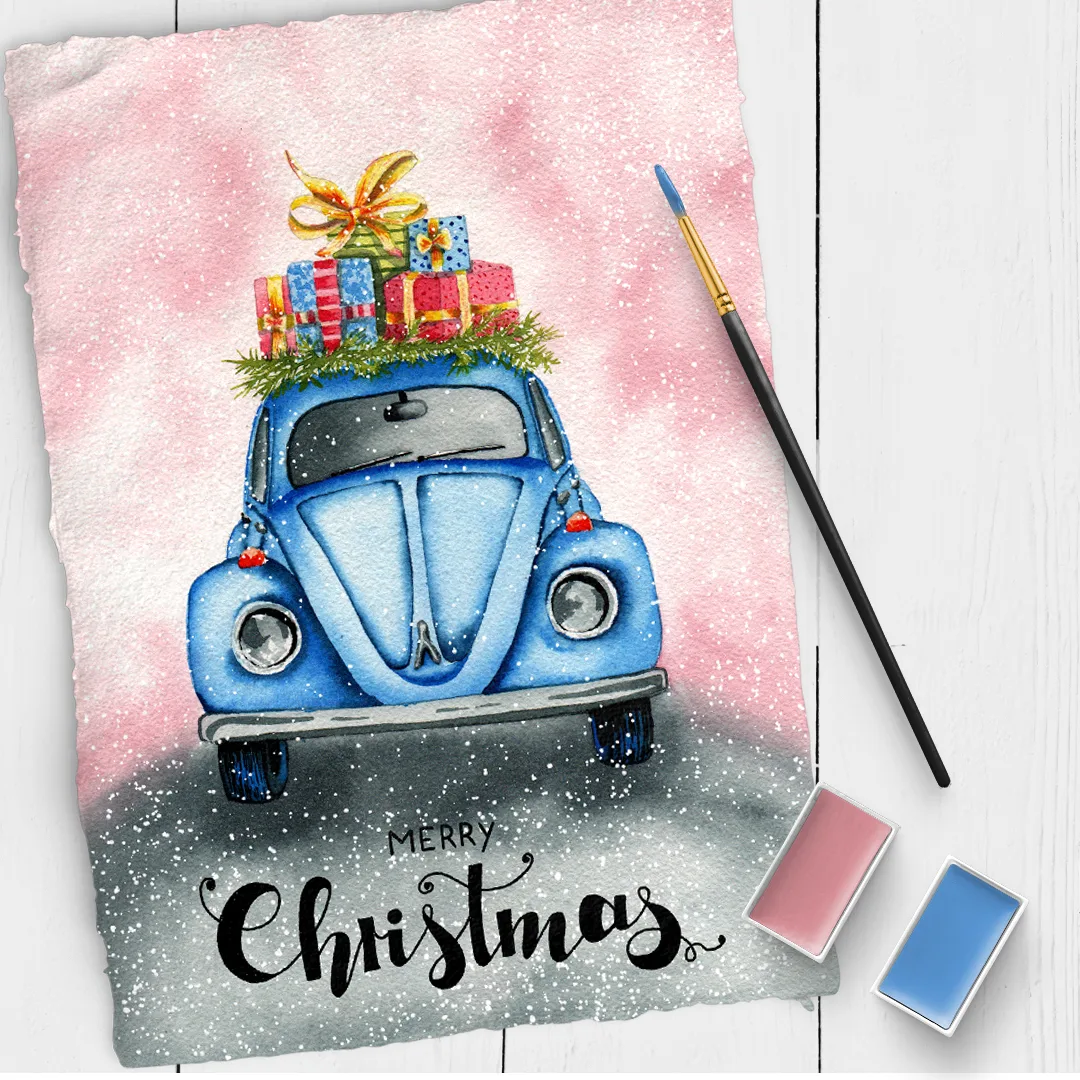 Aquarell-Illustration eines blauen Vintage-Autos mit Weihnachtsgeschenken und Girlande auf rosa Papier
