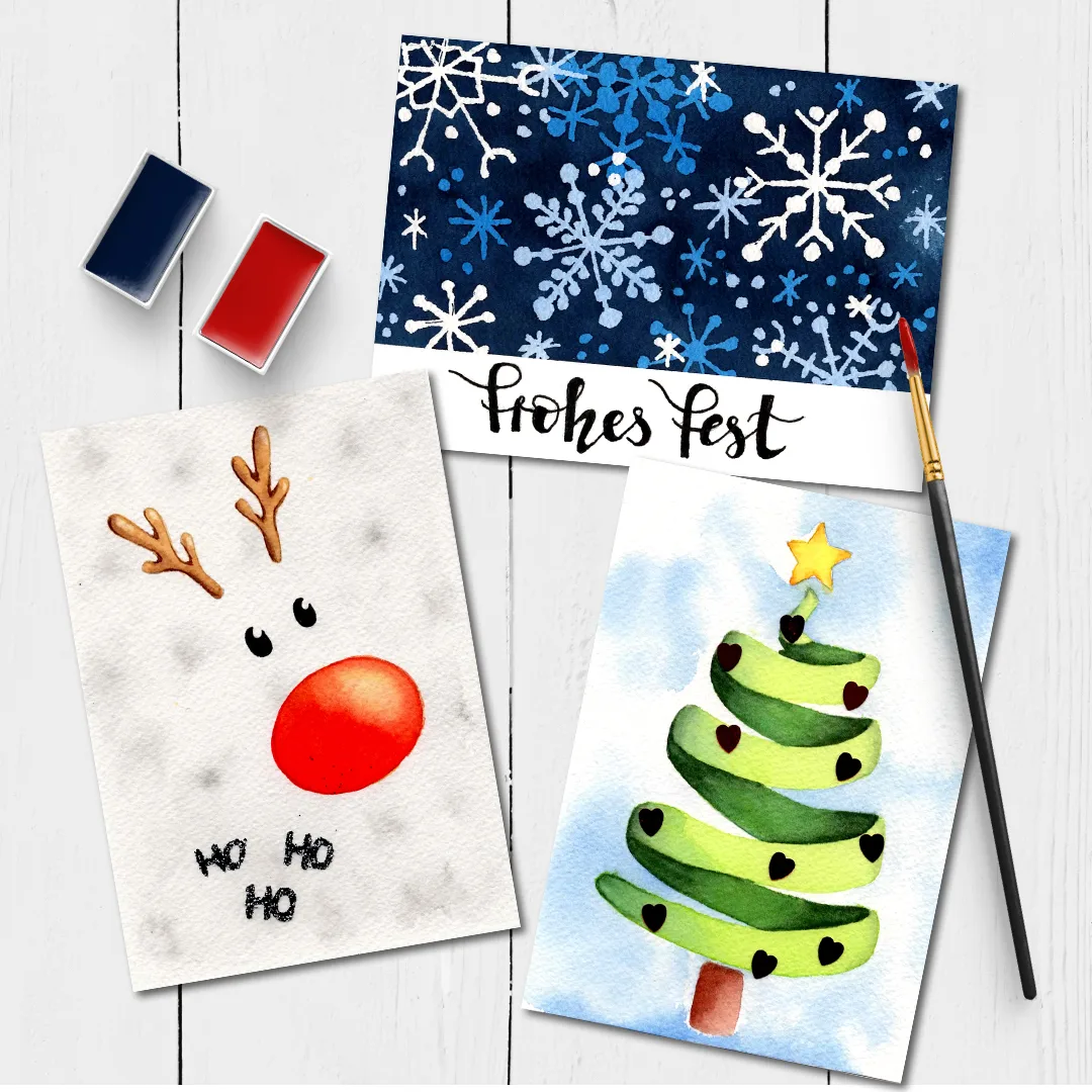 Drei Aquarell Weihnachtskarten: Rentier mit Nase, Weihnachtsbaum mit Herzen, Schneeflocken-Muster