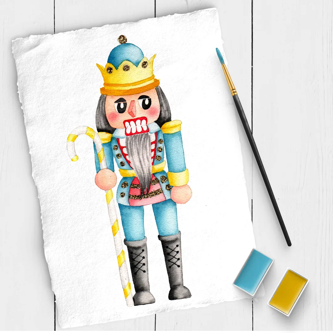 Aquarell-Illustration eines Nussknackers in Blau, Gold und Rosa mit Krone und Zuckerstange