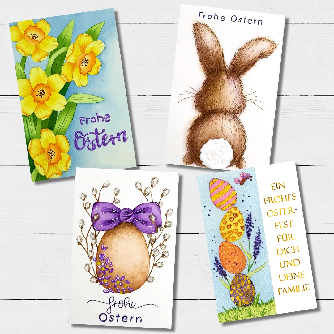 Vier Osterkarten: Narzissen, Hase von hinten, Ei mit Schleife und Eier mit Blumen und Text