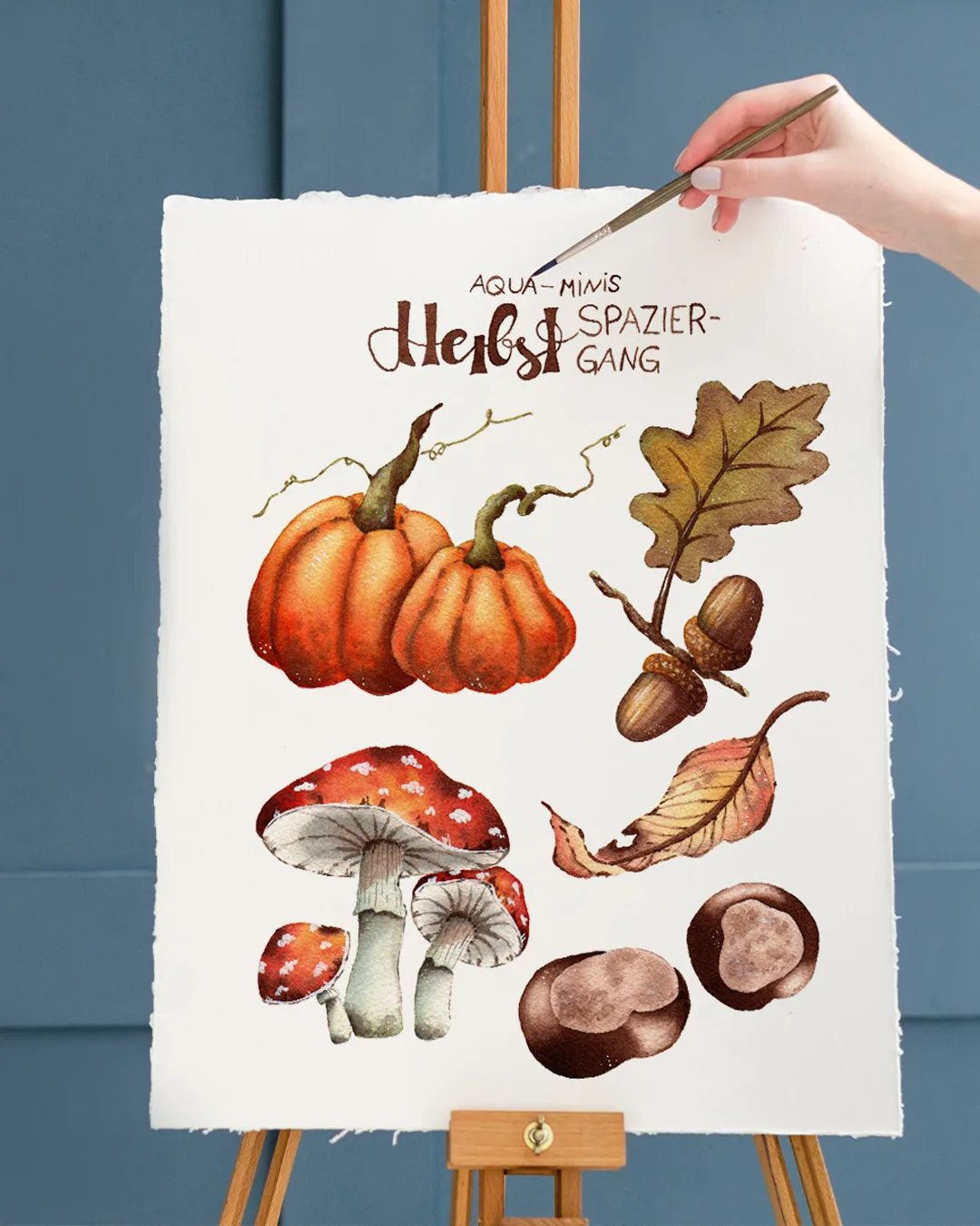 Aqua-Minis Kunstblatt mit Kürbissen, Fliegenpilzen, Eicheln, Blättern und Kastanien in Herbstfarben