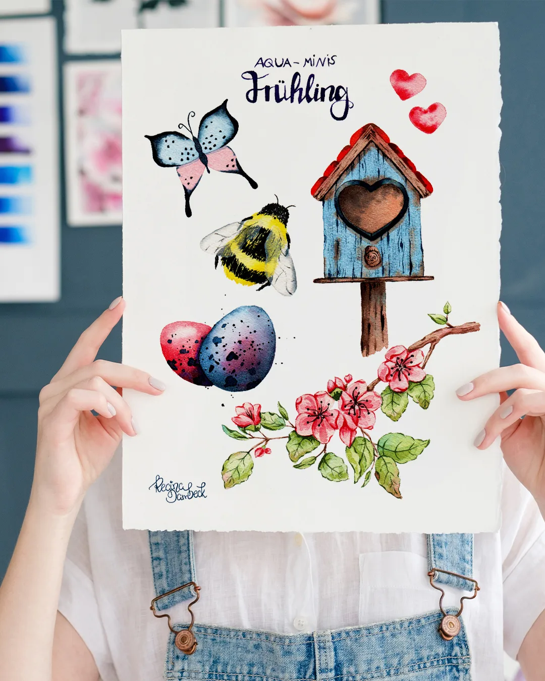 Aqua-Minis Kunstblatt mit Schmetterling, Hummel, Vogelhaus, Herzen und Blüten in Frühlingsfarben