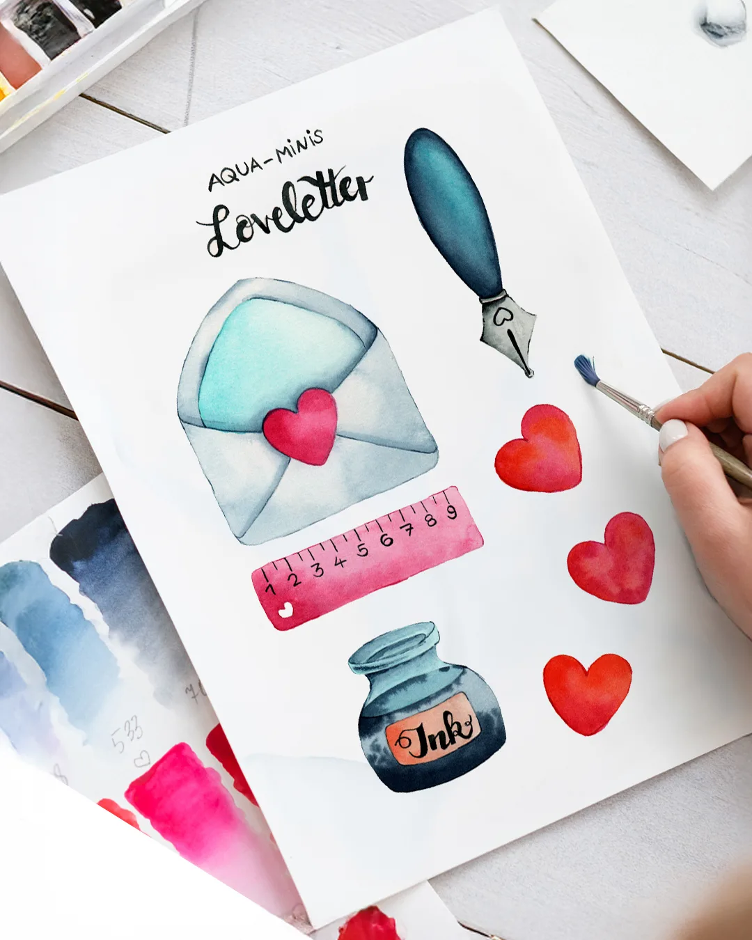 Aqua-Minis Kunstblatt mit Liebesbrief, Feder, Herzen und Tintenfass in Blau-Rosa-Rot