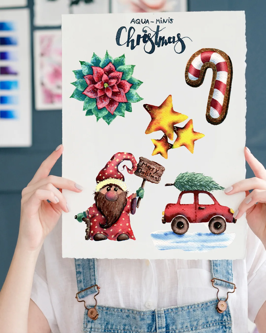 Aqua-Minis Kunstblatt mit Weihnachtsmotiven: Poinsettie, Zuckerstange, Sterne, Weihnachtsmann und Auto