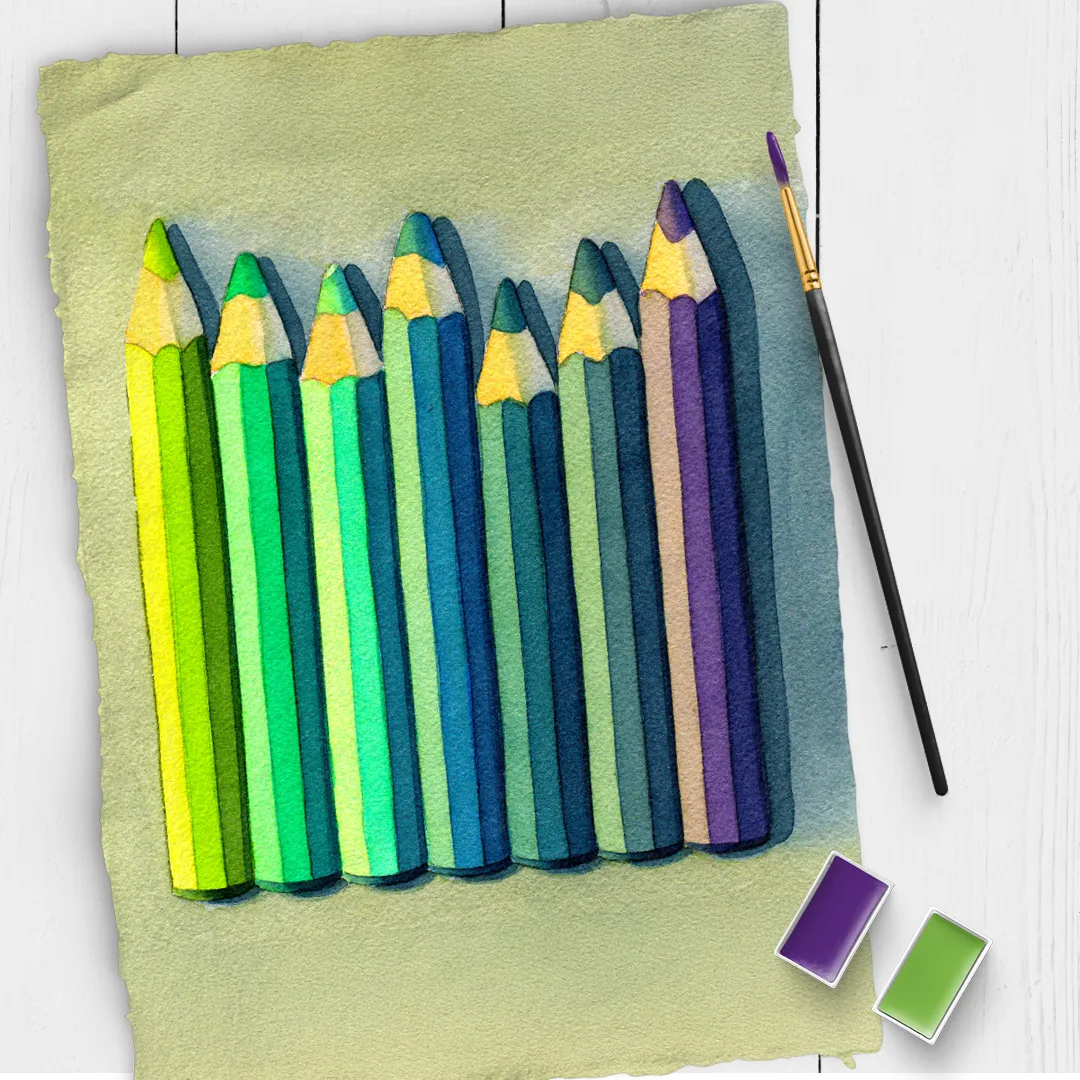Kunstblatt mit acht bunten Buntstiften in Grün-, Gelb- und Blautönen auf Aquarellpapier mit Pinsel