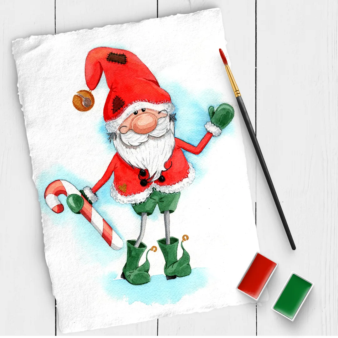 Aquarell-Illustration eines Weihnachtswichtels in Rot mit grünen Stiefeln, haltend Zuckerstange und grüne Handschuhe