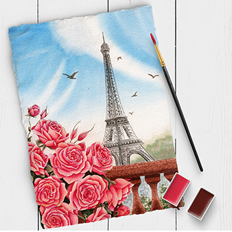 Aquarellbild mit Eiffelturm, blauen Himmel und roten Rosen mit Pinsel und Farbpalette