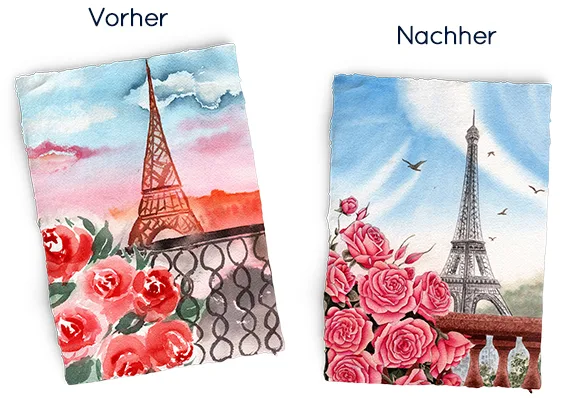 Vorher-Nachher-Vergleich einer Aquarellzeichnung mit Eiffelturm und roten Rosen von Regina Dambeck