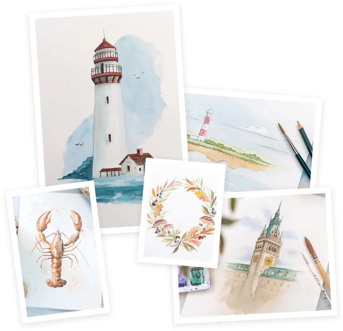 Galerie mit Aquarell-Motiven: Leuchtturm, Krustentier, Blumenkranz, Gebäude