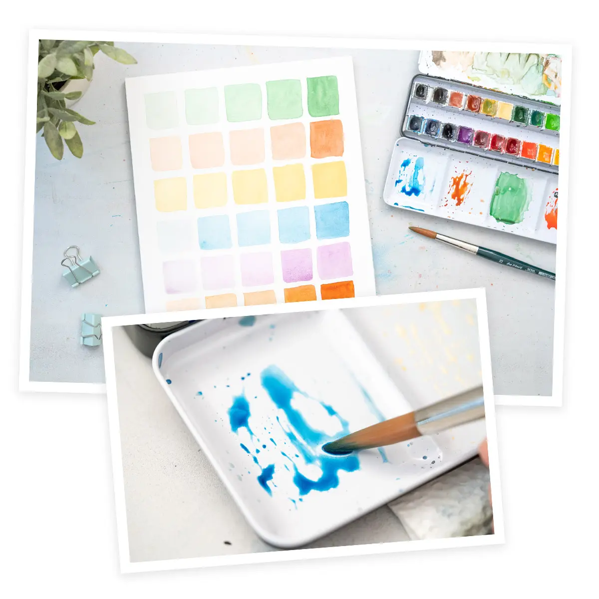 Farbmischungs-Palette und Aquarell-Demonstrationen auf Papier