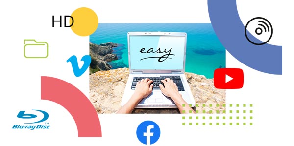 Laptop am Strand mit Sharing-Symbolen für YouTube, Facebook, Blu-ray und HD-Export