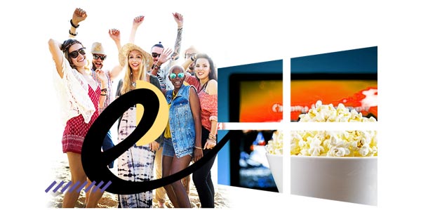 Gruppe feiernder Menschen mit großer Ziffer 2 und Kino-Elementen wie Popcorn und Filmszenen