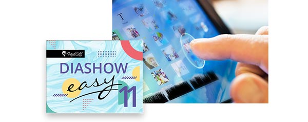 DiaShow 11 Easy Box und Tablet-Screen mit Touch-Geste