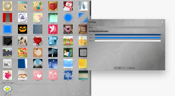 Screenshot der DiaShow 11 Easy Vorlagen-Galerie mit vielen bunten Design-Templates