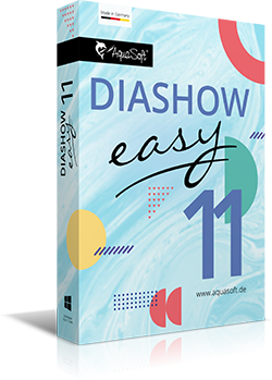 AquaSoft DiaShow 11 Easy Produktbox mit hellblauem Design und bunten geometrischen Formen