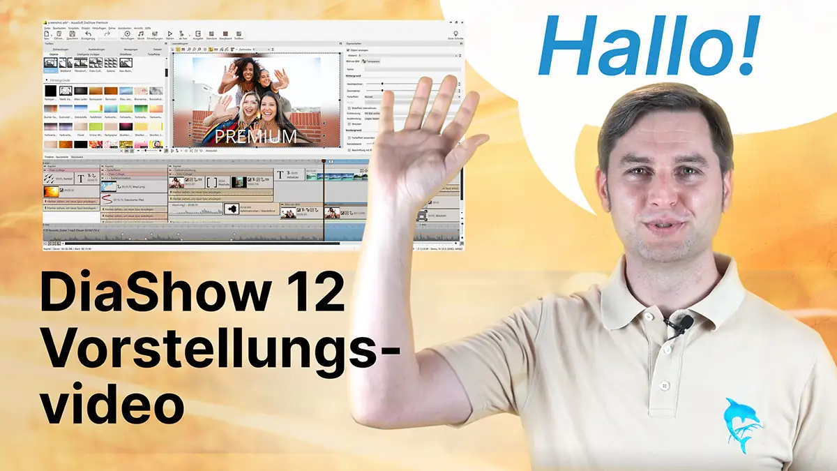 DiaShow 12 Vorstellungsvideo mit Mann, Software-Interface und Hallo-Text