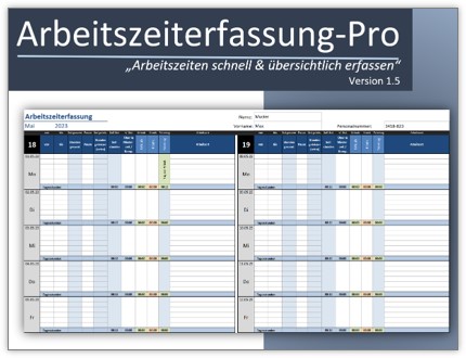 Arbeitszeiterfassung-Pro Hero-Grafik mit Produktname und Tagline in Weiß auf dunkelblauem Hintergrund