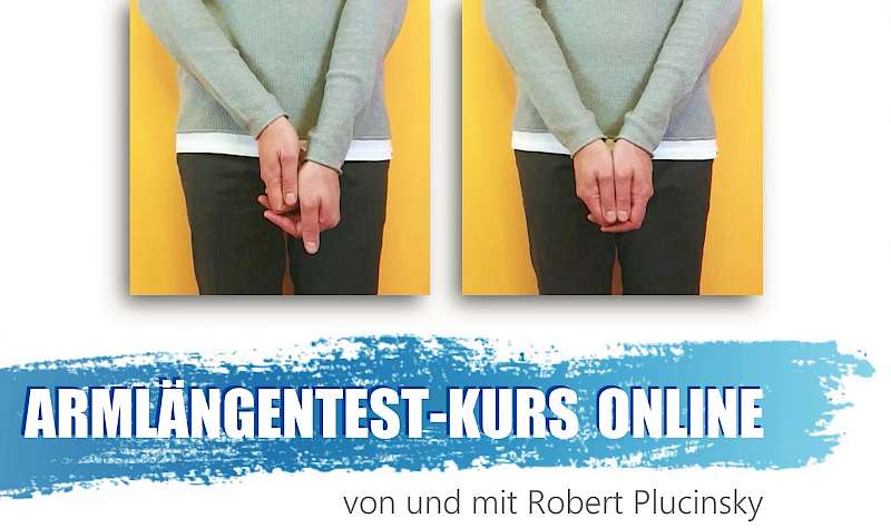 Armlängentest-Kurs Online: Detailansicht zweier Handhaltungen auf gelbem Hintergrund mit Kurstiteln