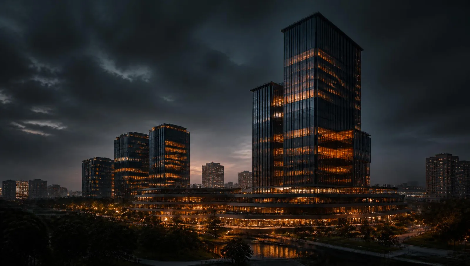 Moderne Gebäudekomplexe mit beleuchteten Fenstern in der Abenddämmerung