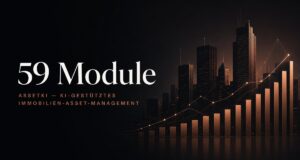 AssetKi Advisor Hero mit 59 Modulen, Stadtsilhouette und Finanzdiagrammen