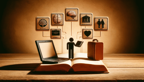 Assoziatives Bilder Coaching: Illustration einer Person mit Laptop und Aktentasche auf aufgeschlagenem Buch mit Symbolen für