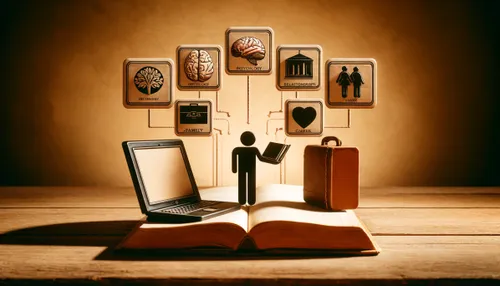 Assoziatives Bilder Coaching: Illustration einer Person mit Laptop und Aktentasche auf aufgeschlagenem Buch mit Symbolen für