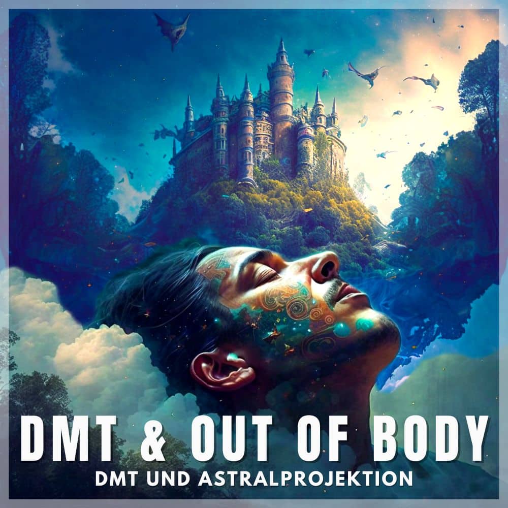 DMT Out of Body - Kopf mit Schloss und Astralprojektions-Szenerie im Profil
