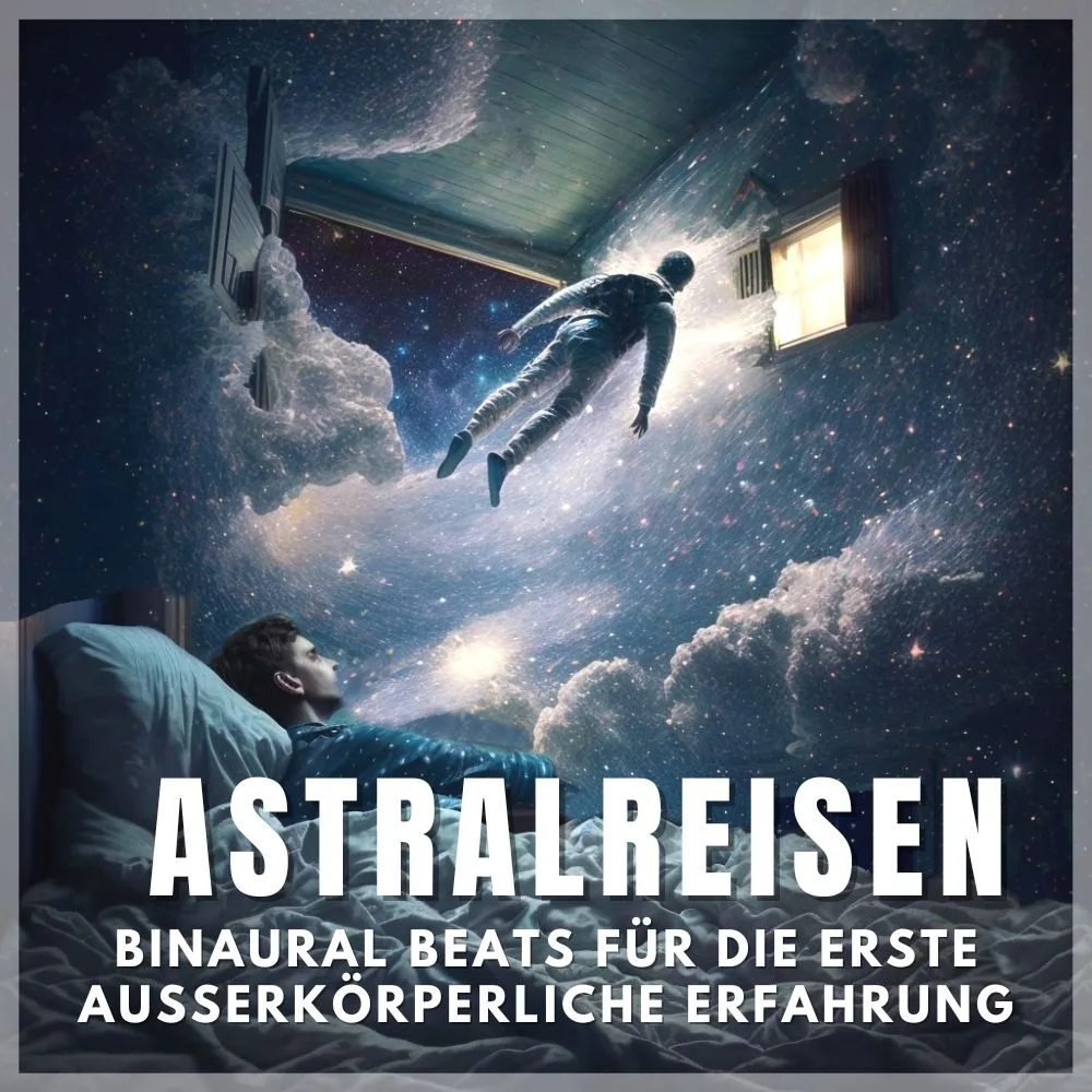 Astralreisen im Schlaf - Person schwebt über Bett durch kosmisches Sternenlicht