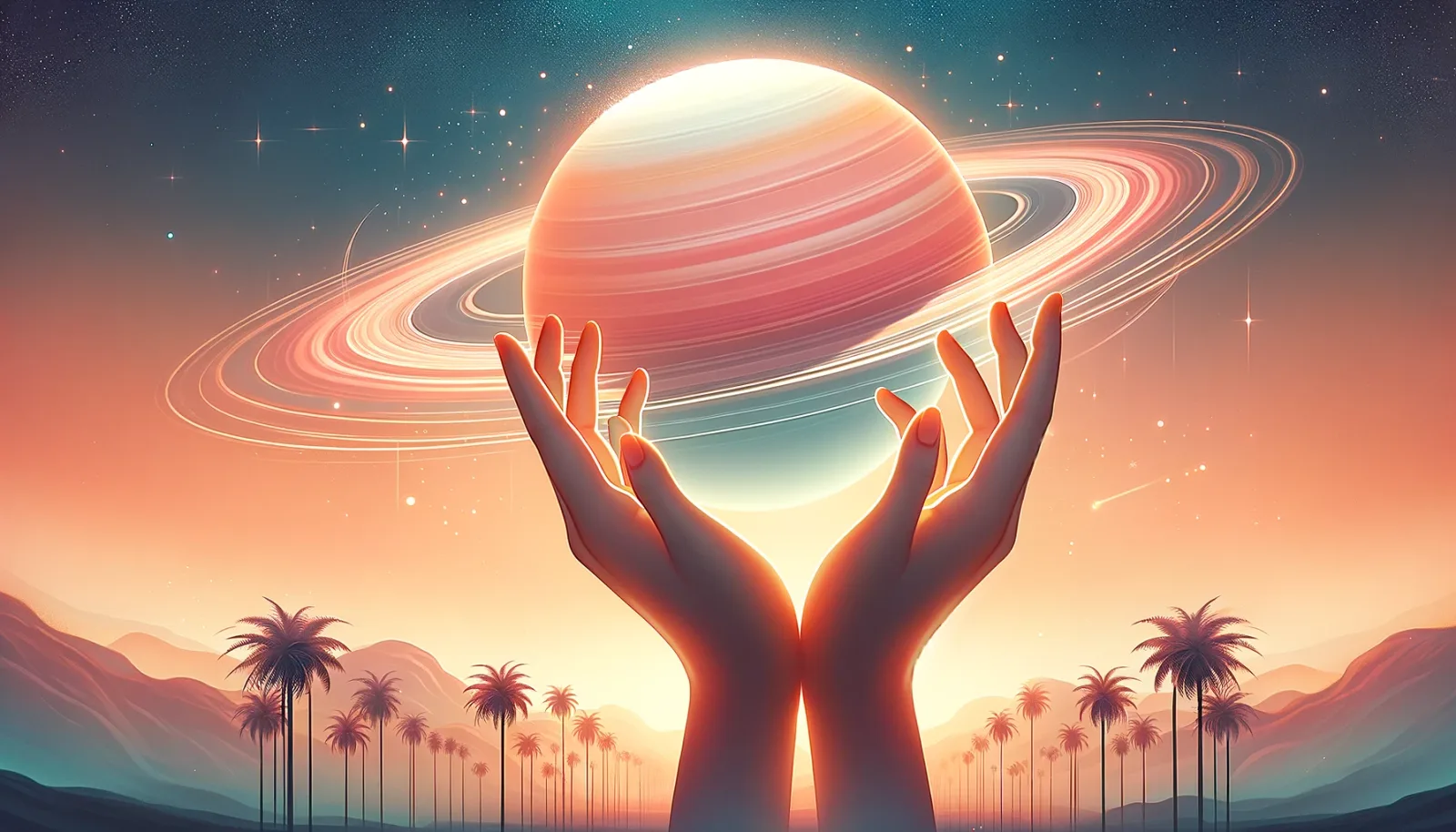 Hände halten leuchtenden Saturn-Planet mit Ringen vor Sternenhimmel und Palmlandschaft
