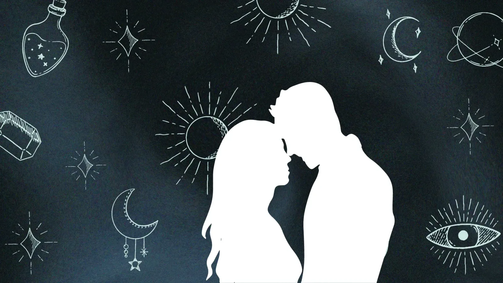 Silhouette einer Frau und eines Mannes vor Sonne und Sternen