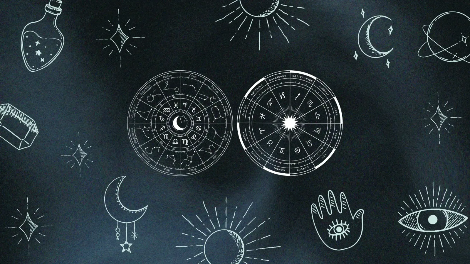 Astrologische Symbole und Tierkreiszeichen auf dunklem Hintergrund