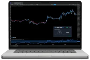 Laptop-Mockup mit ATAS-Trading-Plattform und Market-Matrix-Indicator im Live-Modus