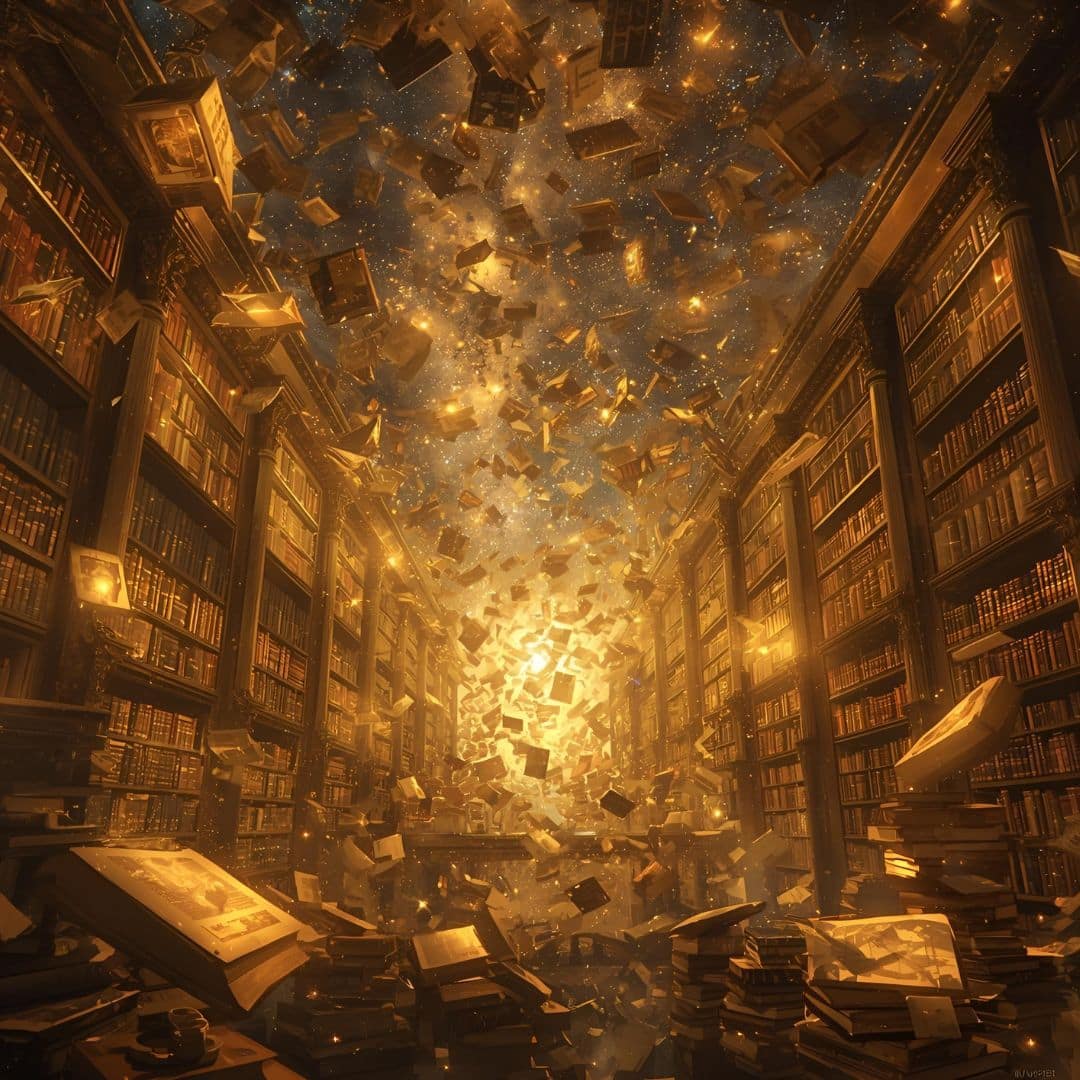 Cover einer leuchtenden Bibliothek mit fliegenden Büchern und goldenem Licht im Zentrum