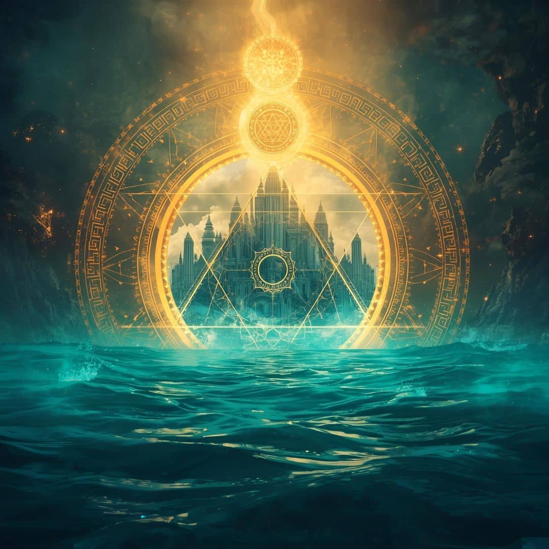 Cover mit leuchtender Stadt unter Wasser, umgeben von goldenen geometrischen Symbolen und Ringen