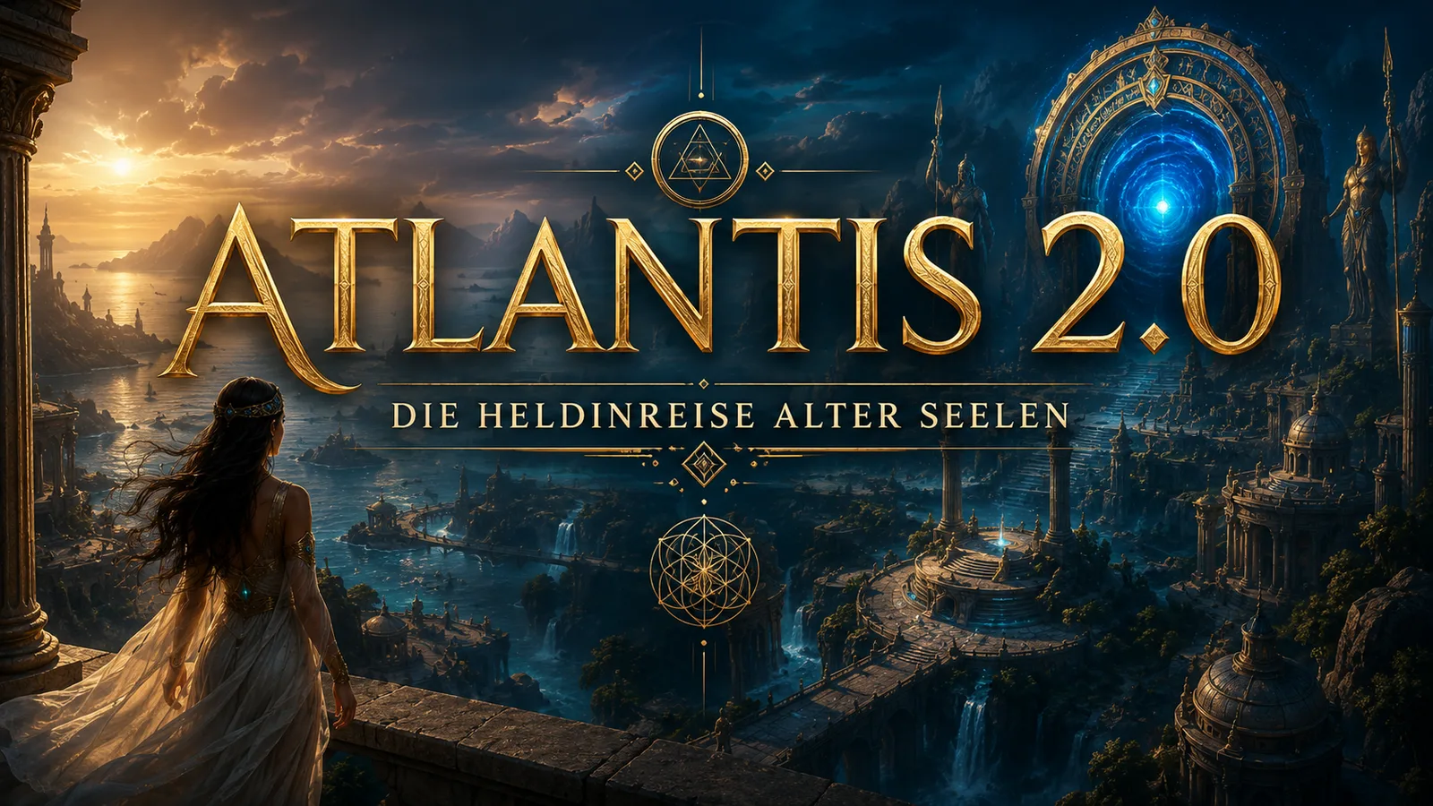 Header-Grafik zu Atlantis 2.0 mit Frau am Kliff, mystischer Stadt und goldenen Symbolen im Himmel