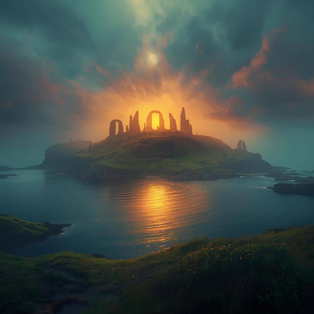 Mystische Insel mit leuchtendem Tempel bei Sonnenuntergang, umgeben von Wasser und Felsenlandschaft
