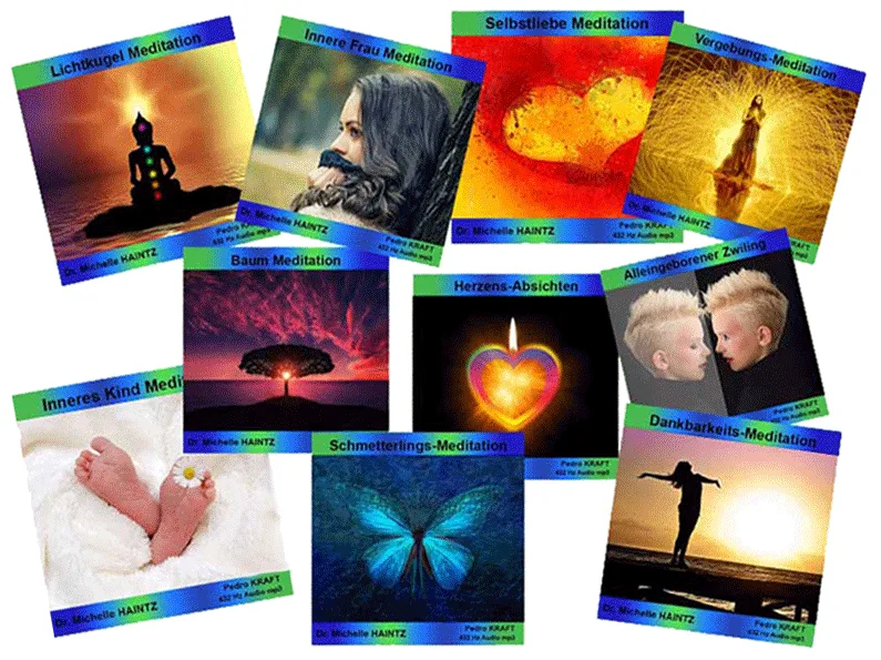 Meditationskarten-Galerie mit neun bunten Motiven zu verschiedenen Meditationstypen, arrangiert um ein zentrales Schmetterlin