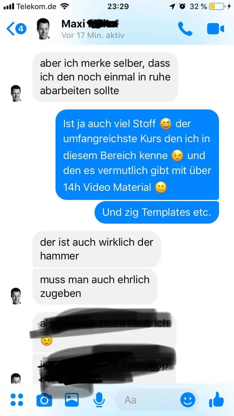 Messenger-Screenshot Maxi über Kursumfang mit 14 Stunden Videomaterial