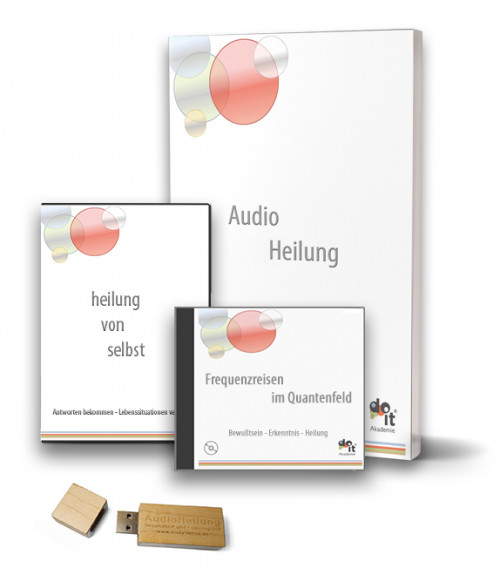 Audio Heilung Produktpaket mit Hörbuch, Begleitbuch, USB-Stick und Holzbox